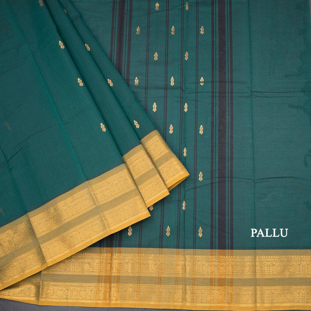 Kanchi Cotton Dark Green Saree With Zari Buttas And Zari Border