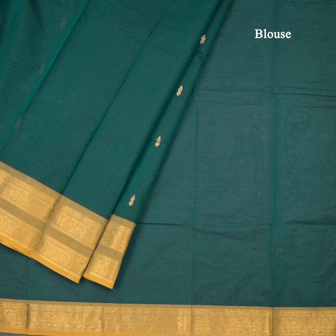 Kanchi Cotton Dark Green Saree With Zari Buttas And Zari Border