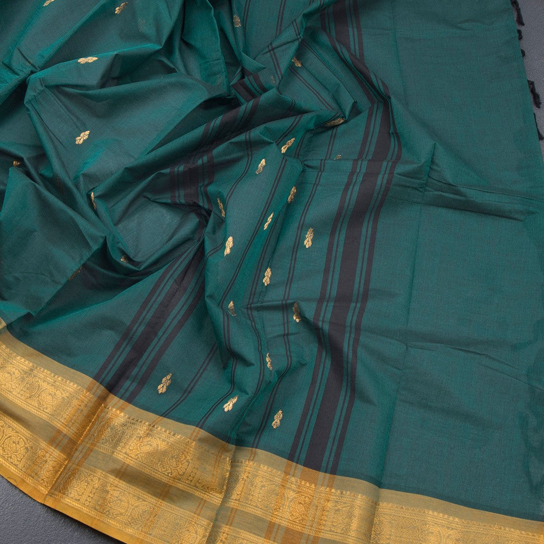 Kanchi Cotton Dark Green Saree With Zari Buttas And Zari Border - Kumaran Silks