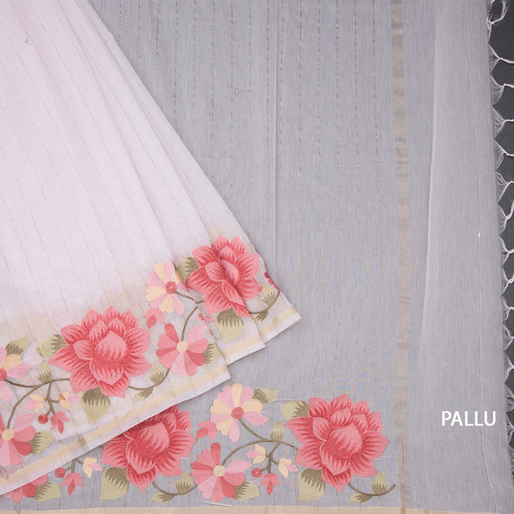 Linen Baby Pink Zari Stripes Saree And Thread Embroidered Border
