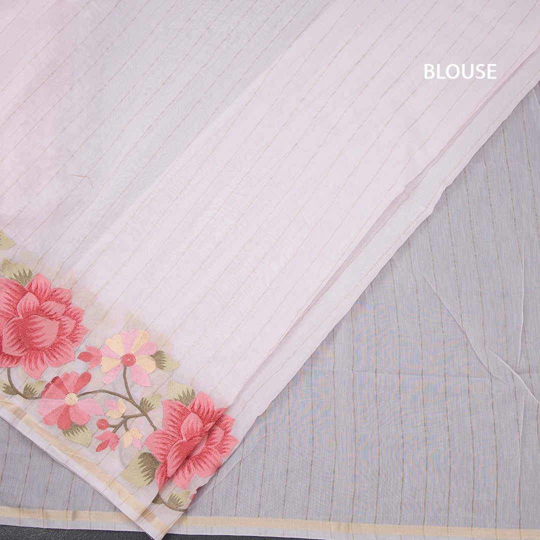 Linen Baby Pink Zari Stripes Saree And Thread Embroidered Border
