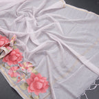 Linen Baby Pink Zari Stripes Saree And Thread Embroidered Border - Kumaran Silks