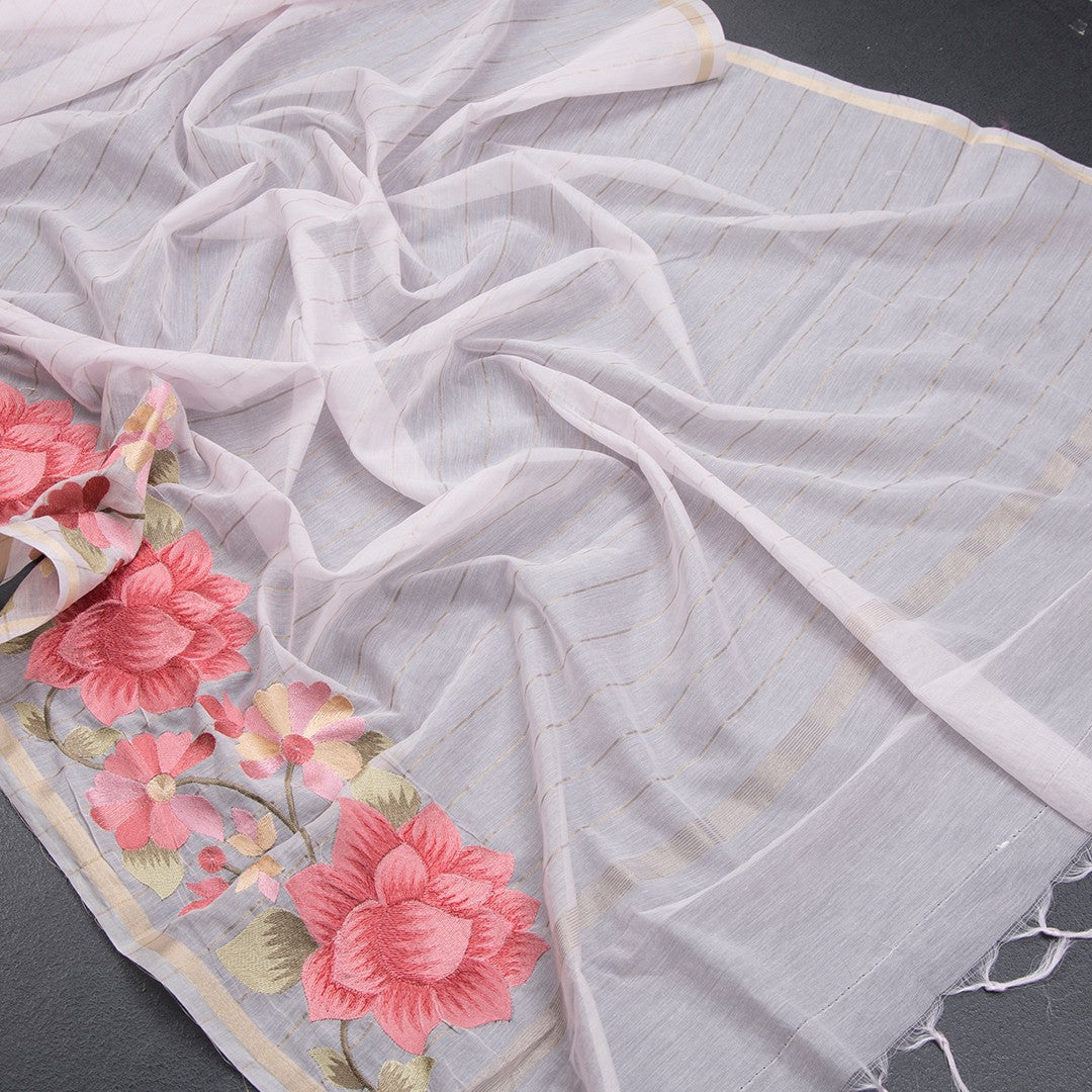 Linen Baby Pink Zari Stripes Saree And Thread Embroidered Border - Kumaran Silks
