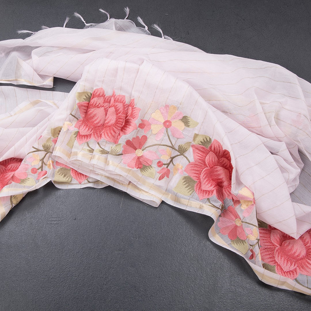 Linen Baby Pink Zari Stripes Saree And Thread Embroidered Border