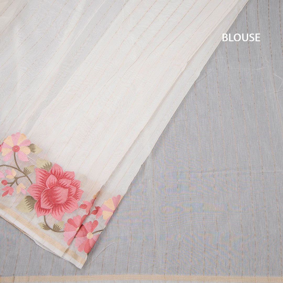 Linen Cream Zari Stripes Saree And Thread Embroidered Border