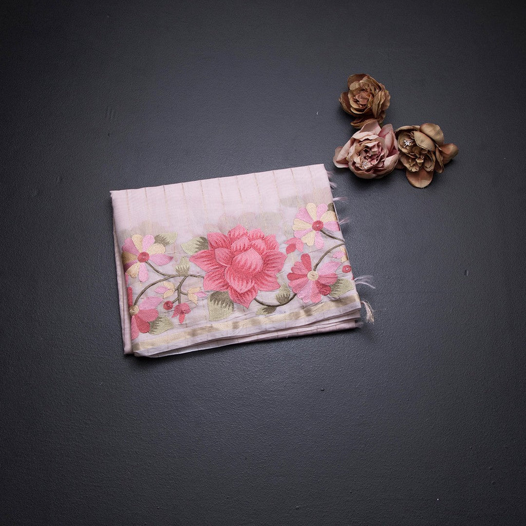 Linen Light Pink Zari Stripes Saree And Thread Embroidered Border
