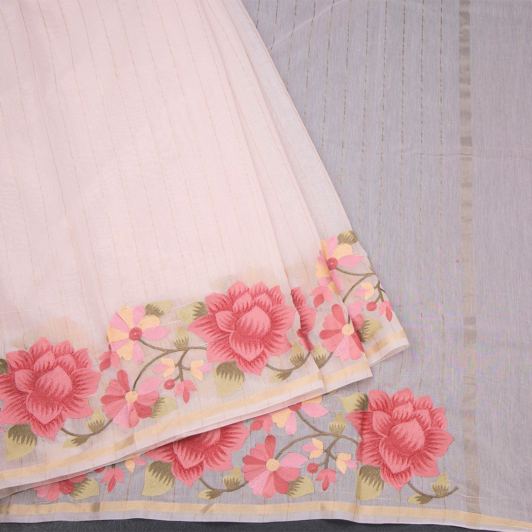 Linen Light Pink Zari Stripes Saree And Thread Embroidered Border