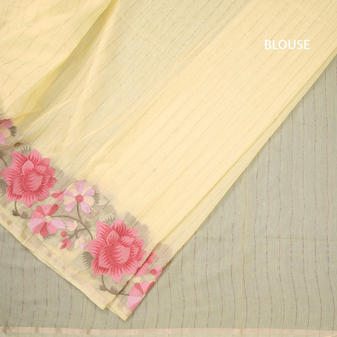 Linen Yellow Zari Stripes Saree And Thread Embroidered Border