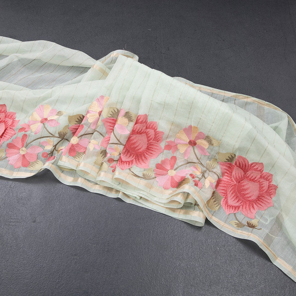 Linen Light Green Zari Stripes Saree And Thread Embroidered Border