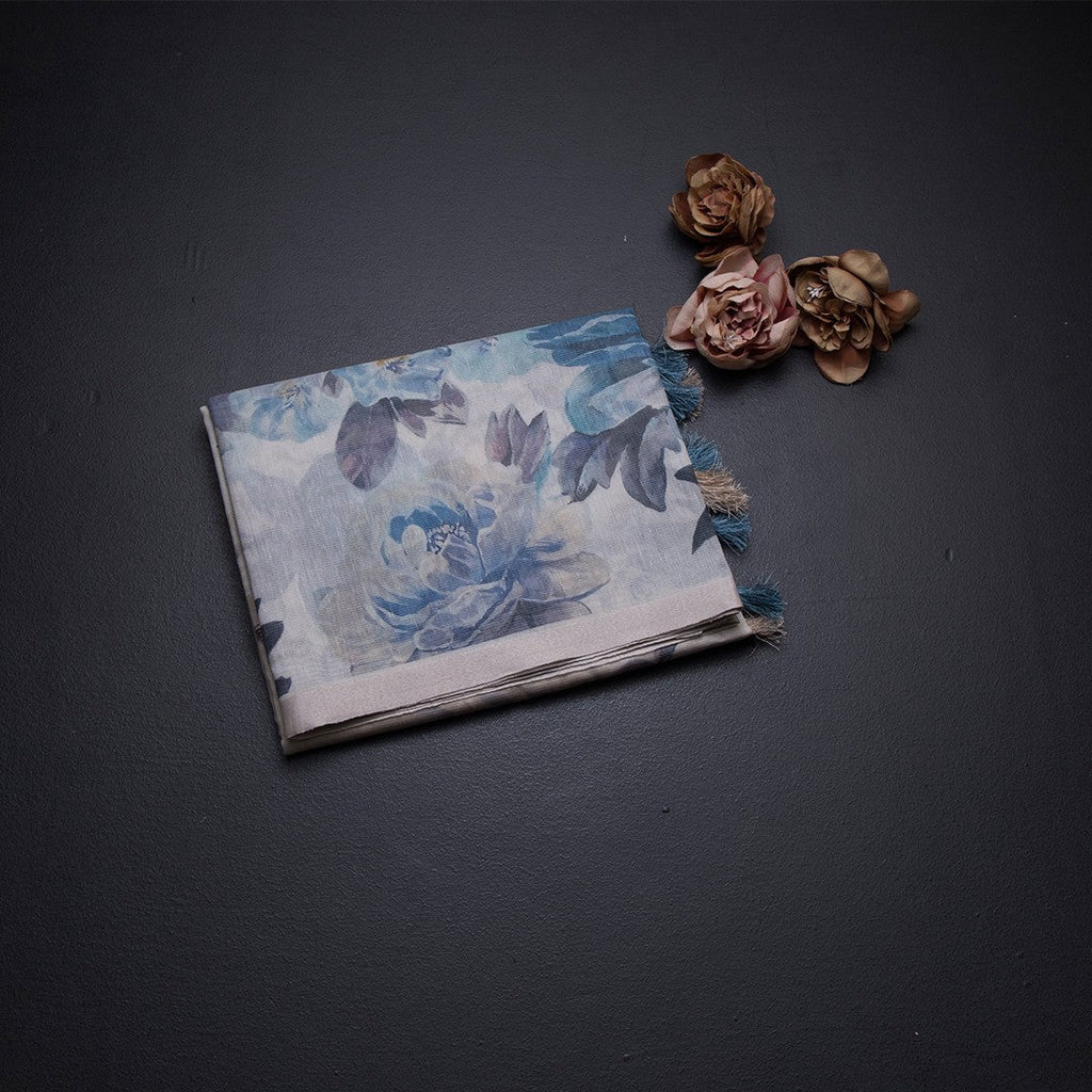 Raw Silk Cream Floral Printed Saree With Ribbon Border 06