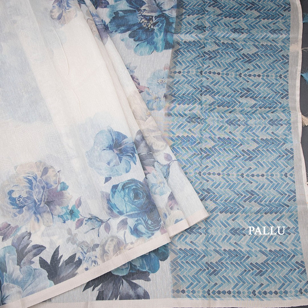 Raw Silk Cream Floral Printed Saree With Ribbon Border 06