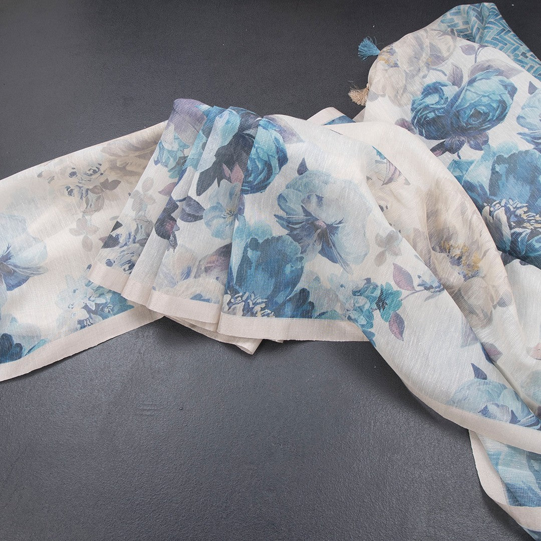 Raw Silk Cream Floral Printed Saree With Ribbon Border 06