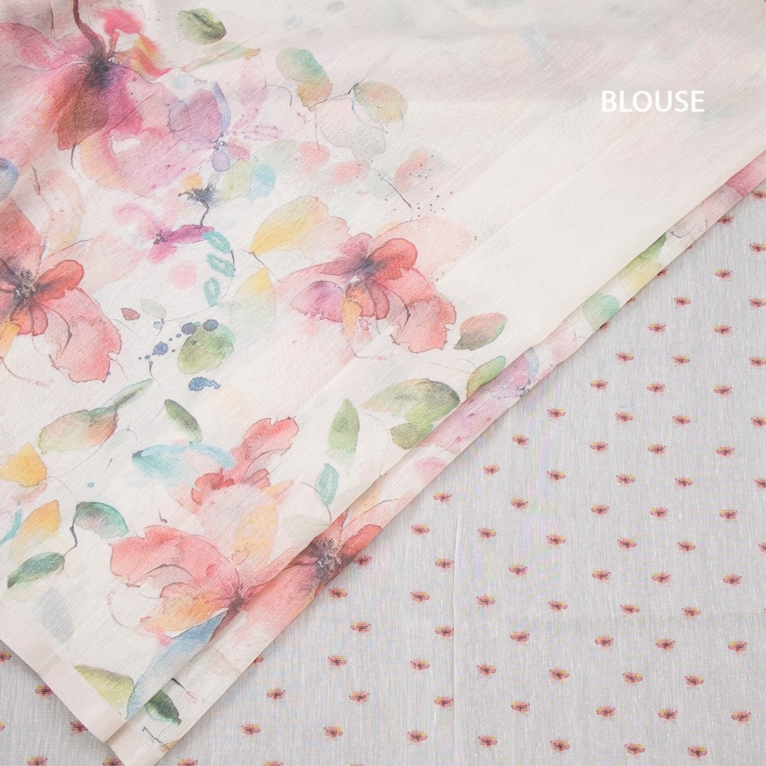 Raw Silk Cream Floral Printed Saree With Ribbon Border 07
