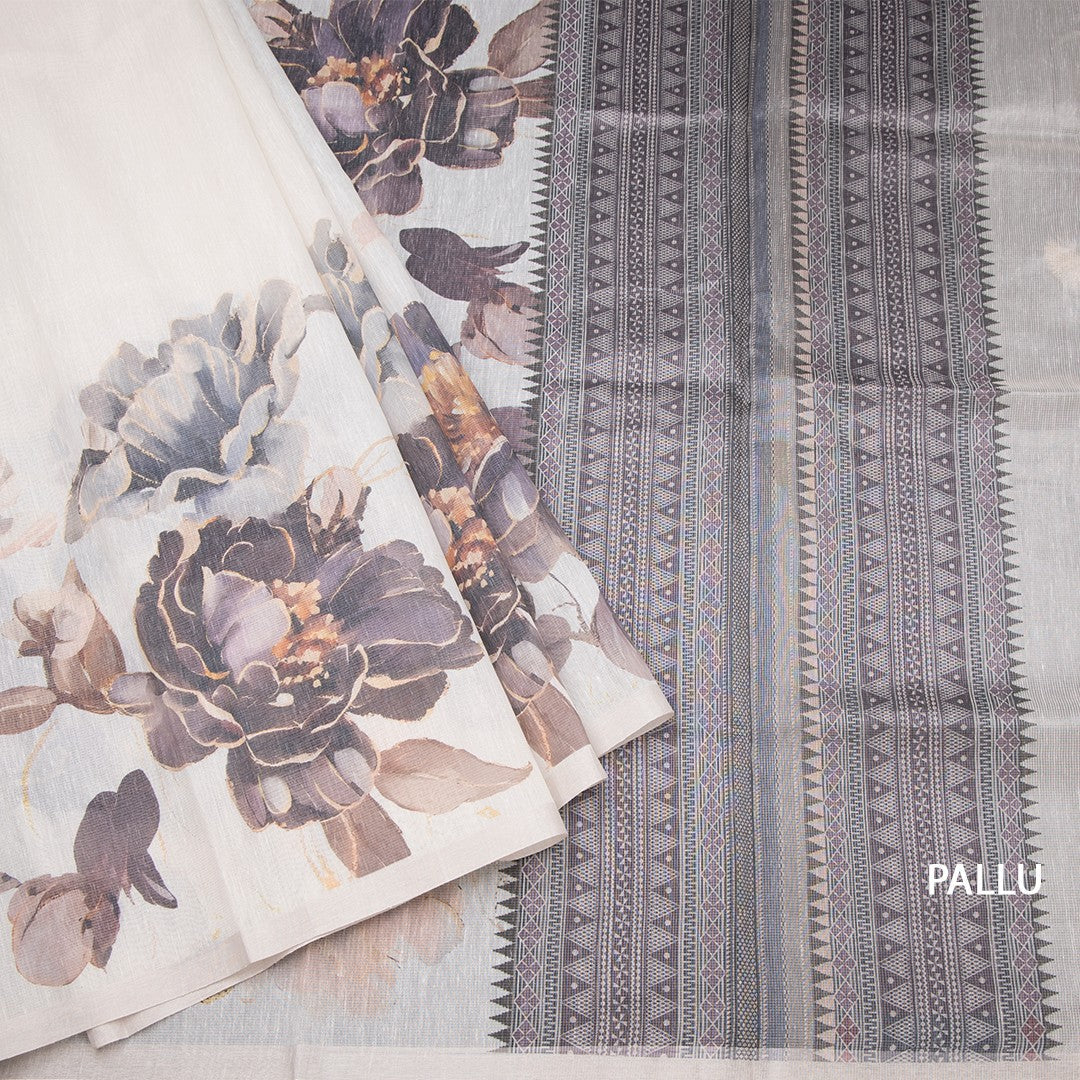 Raw Silk Cream Floral Printed Saree With Ribbon Border 04