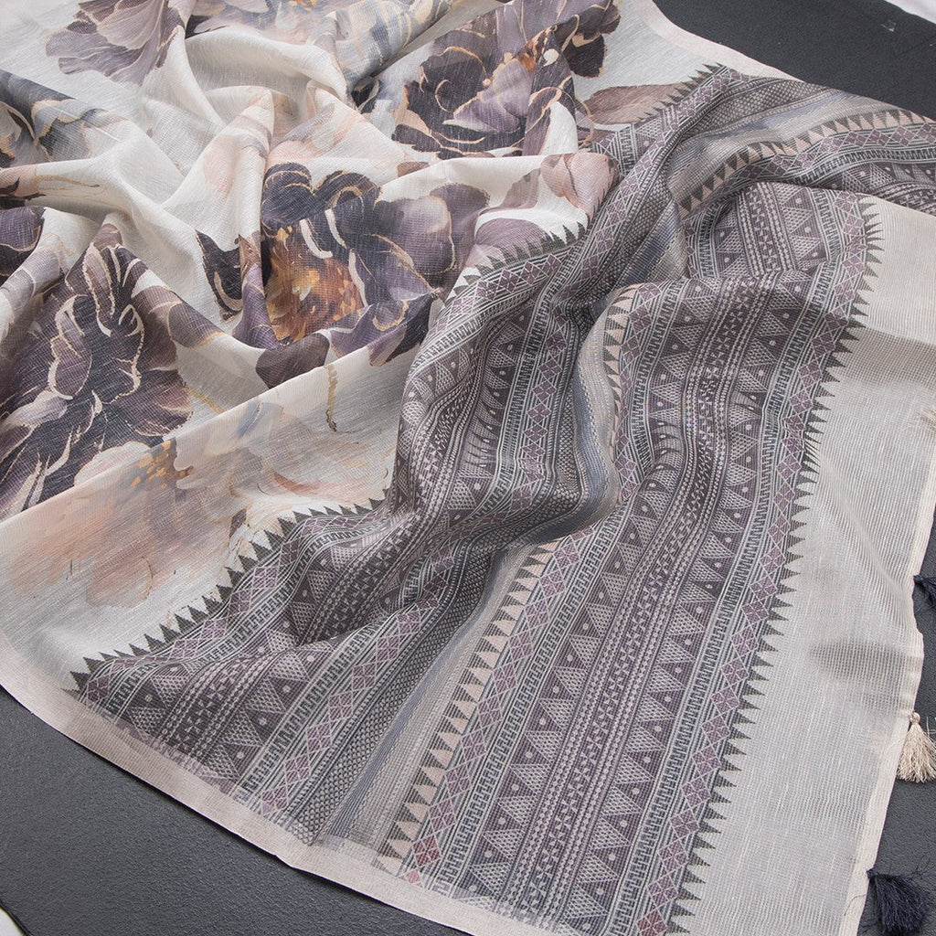 Raw Silk Cream Floral Printed Saree With Ribbon Border 04 - Kumaran Silks
