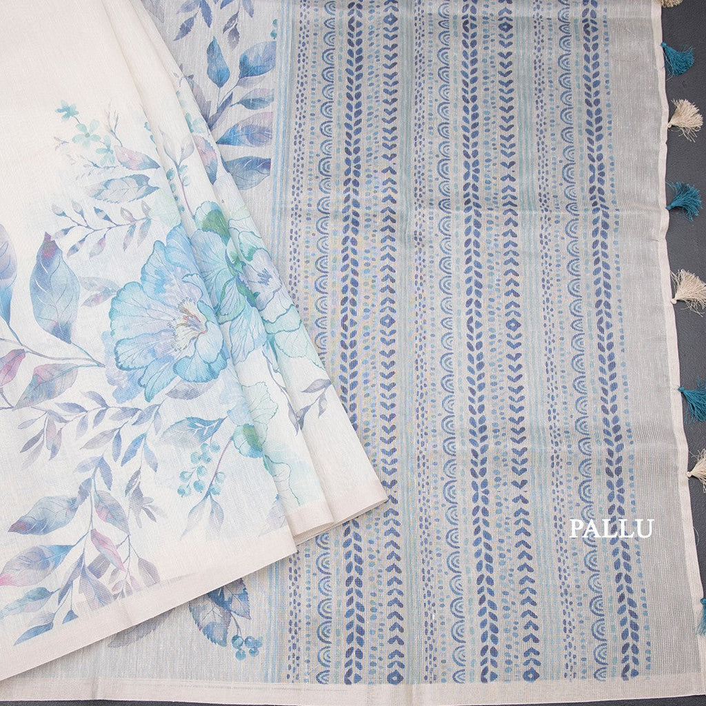 Raw Silk Cream Floral Printed Saree With Ribbon Border 05