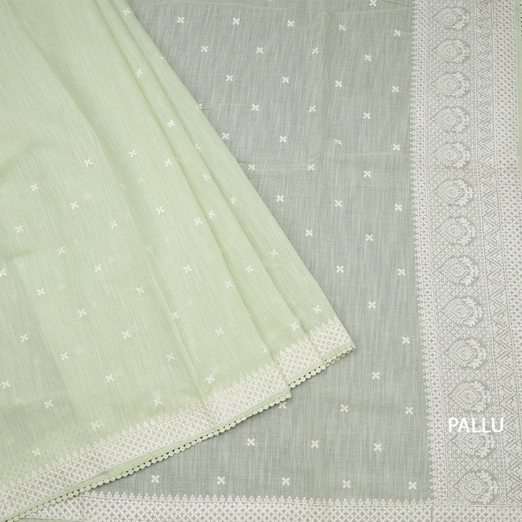 Semi Linen Pista Green Thread Work Saree