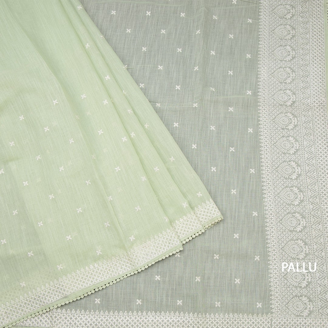 Semi Linen Pista Green Thread Work Saree