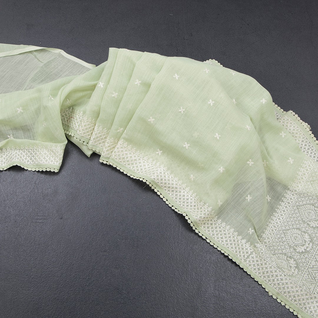 Semi Linen Pista Green Thread Work Saree