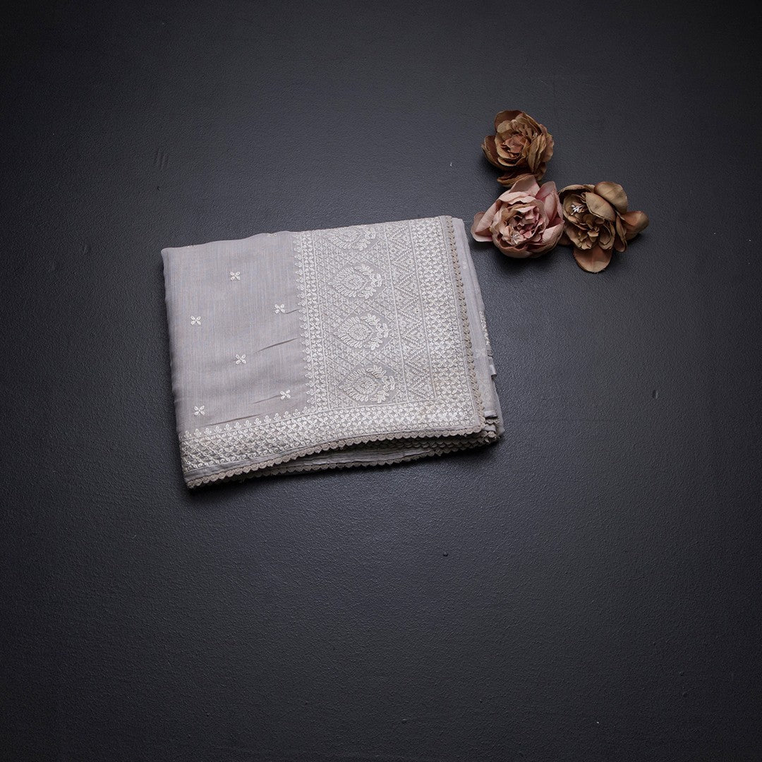 Semi Linen Light Grey Thread Work Saree