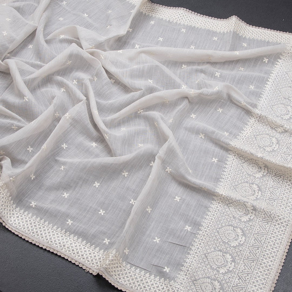 Semi Linen Light Grey Thread Work Saree - Kumaran Silks