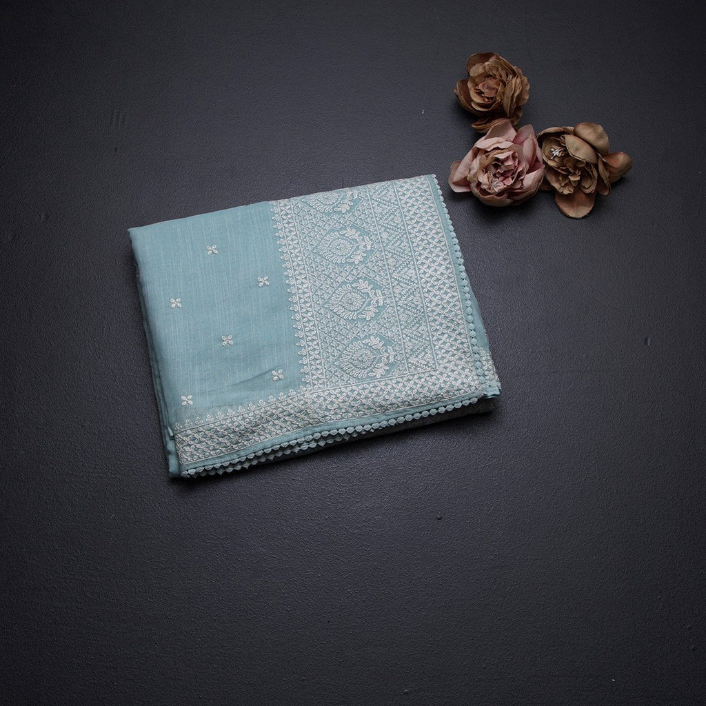 Semi Linen Powder Blue Thread Work Saree