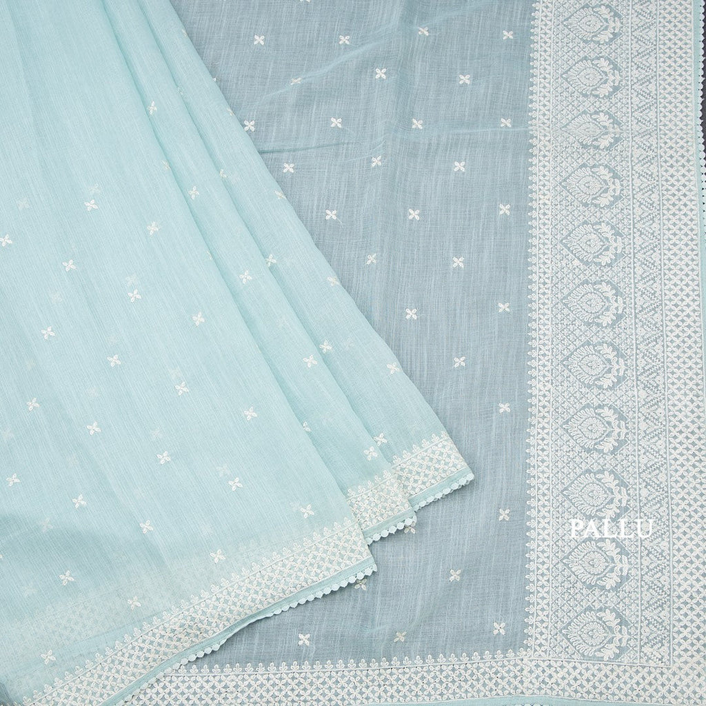 Semi Linen Powder Blue Thread Work Saree
