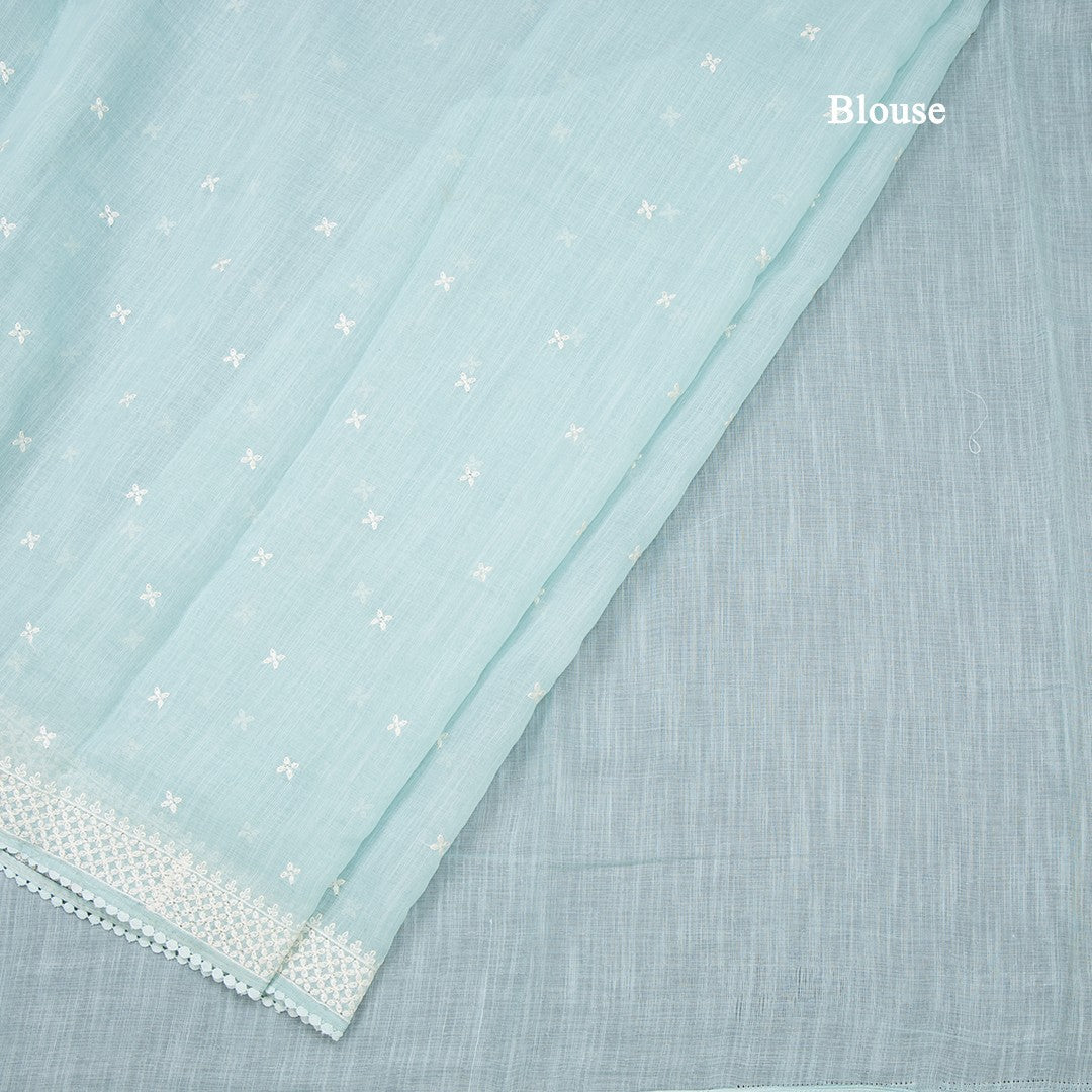 Semi Linen Powder Blue Thread Work Saree