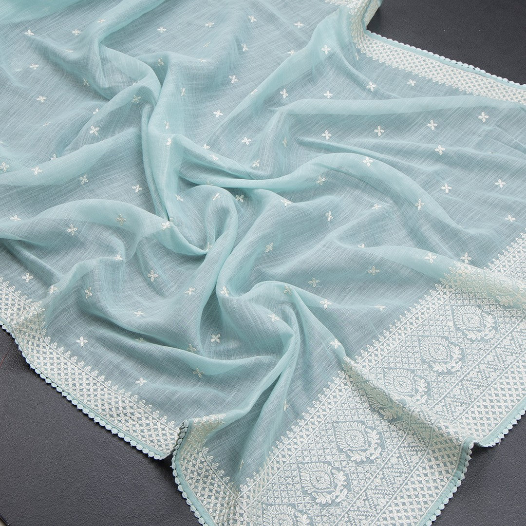 Semi Linen Powder Blue Thread Work Saree - Kumaran Silks