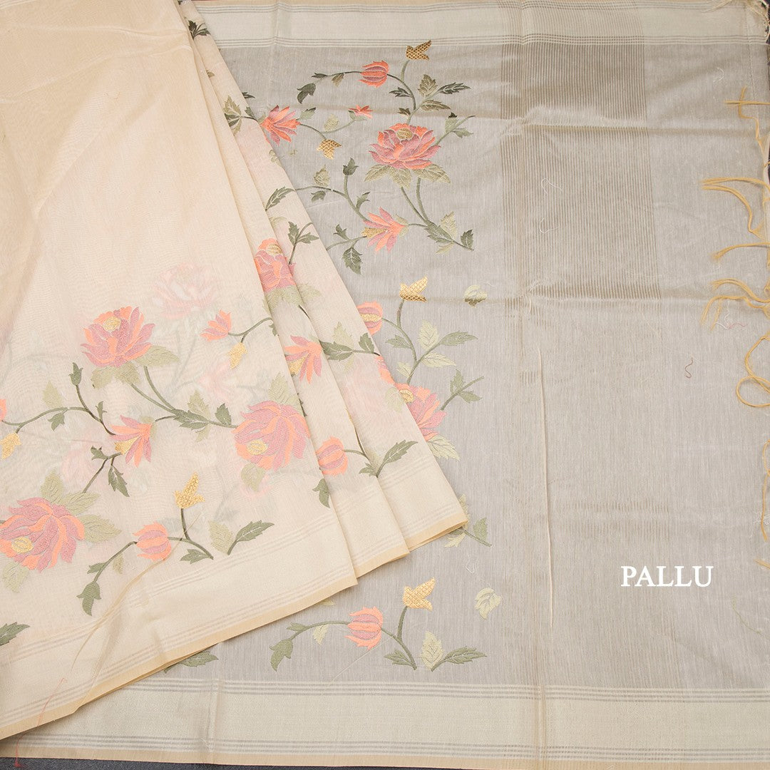 Linen Sandal Floral Embroidered Saree And Zari Border