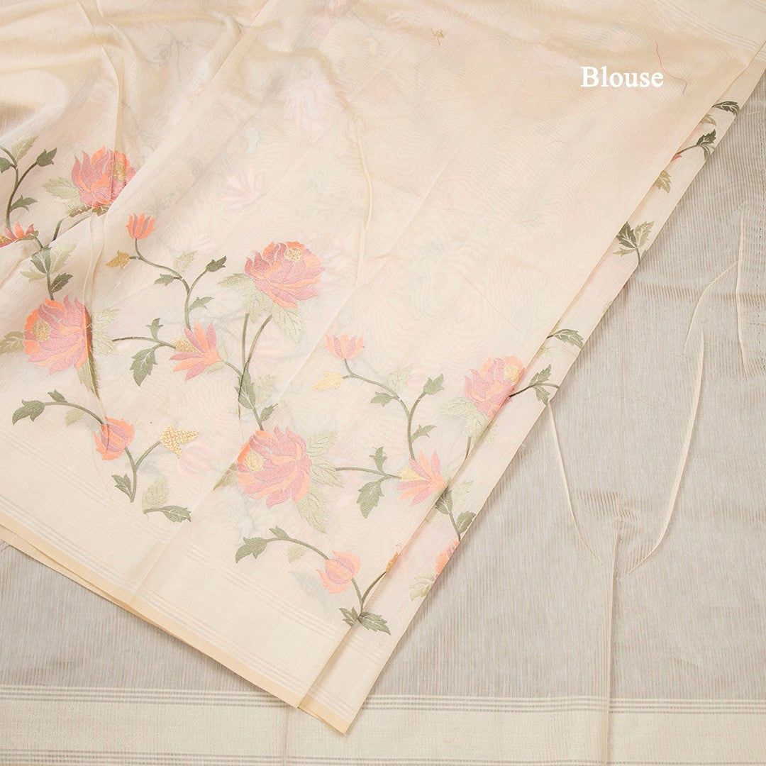 Linen Sandal Floral Embroidered Saree And Zari Border