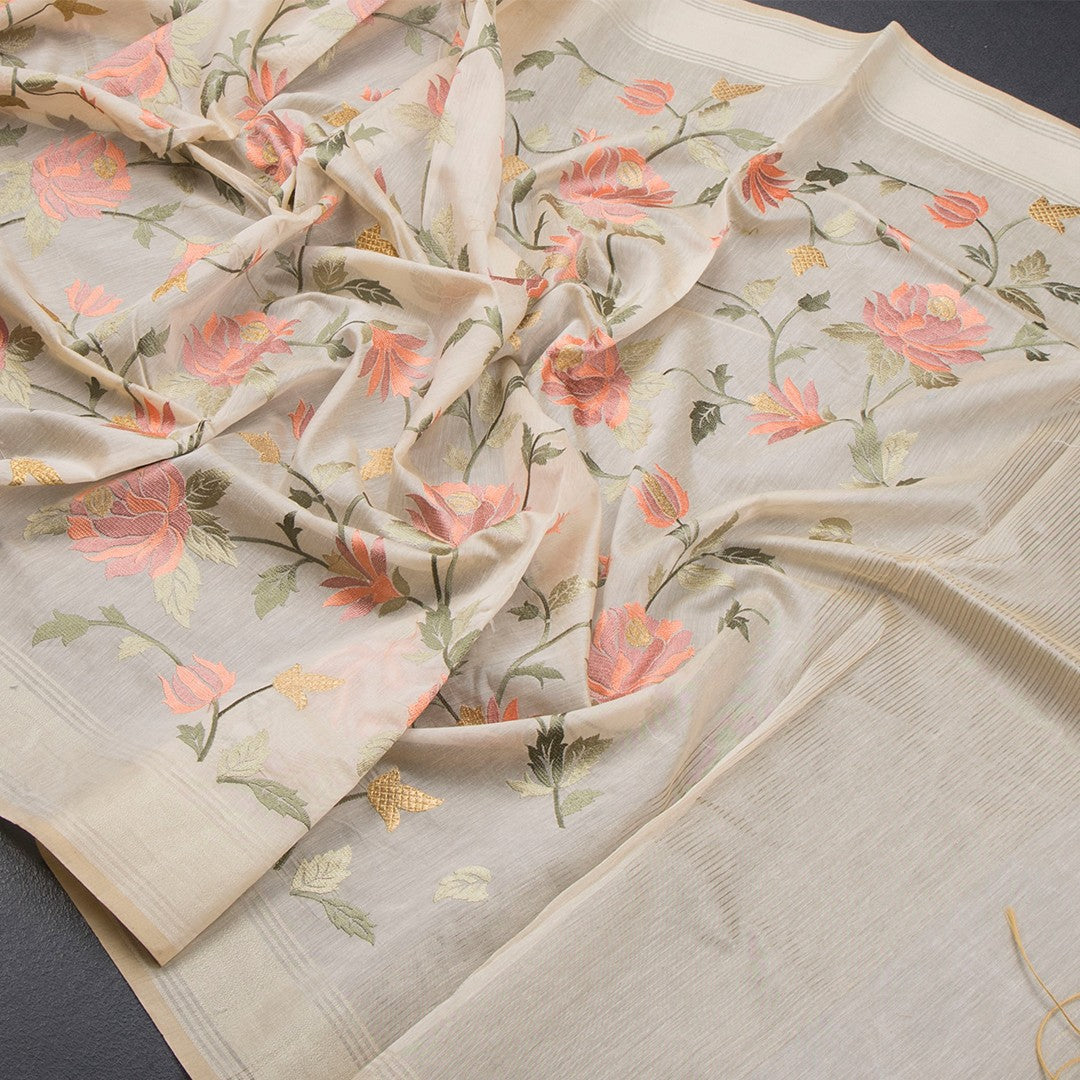 Linen Sandal Floral Embroidered Saree And Zari Border - Kumaran Silks