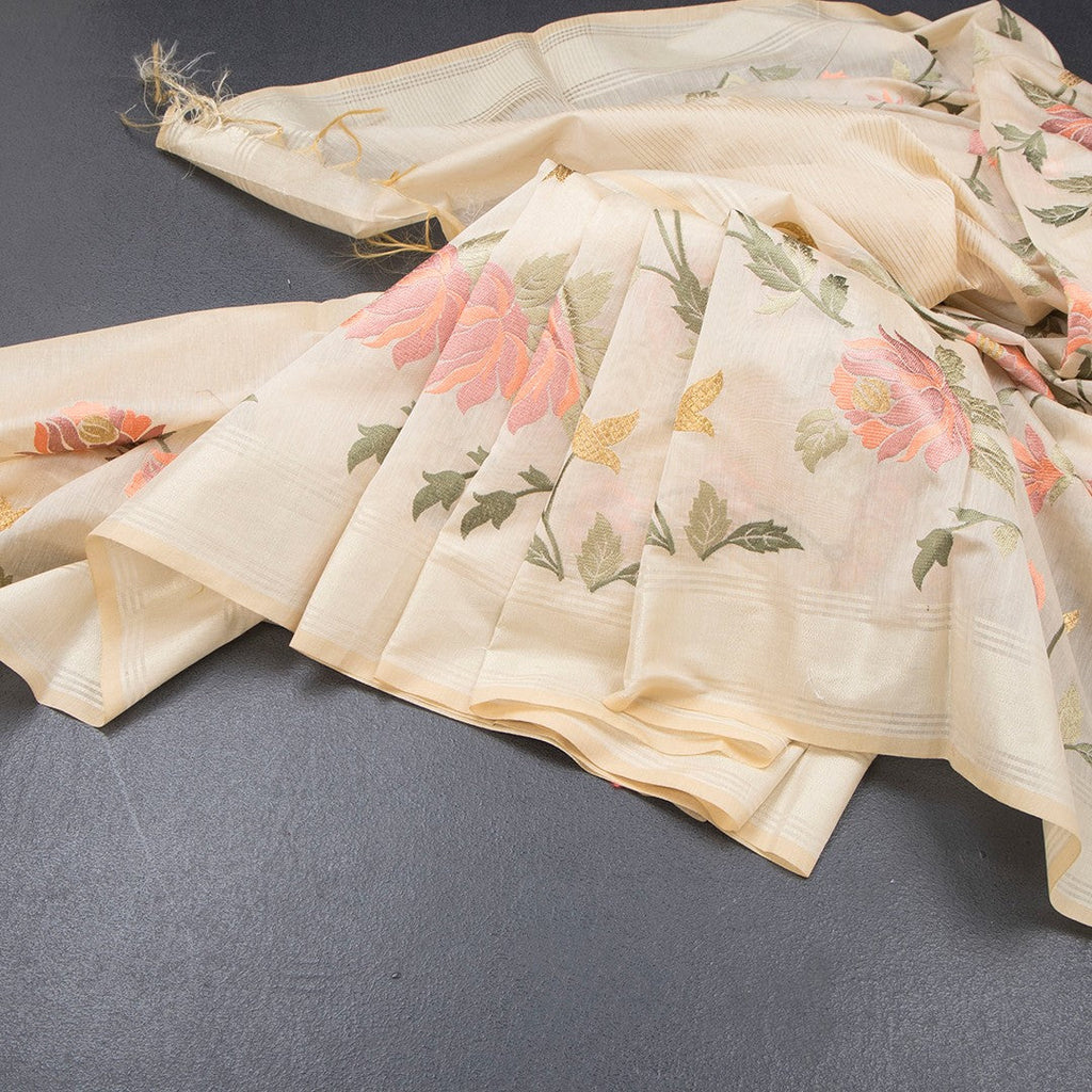 Linen Sandal Floral Embroidered Saree And Zari Border