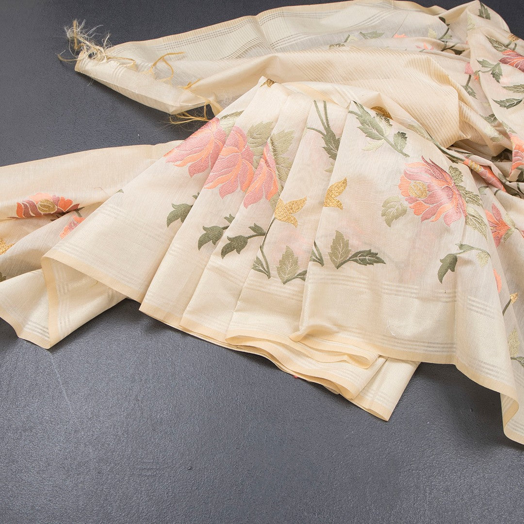 Linen Sandal Floral Embroidered Saree And Zari Border