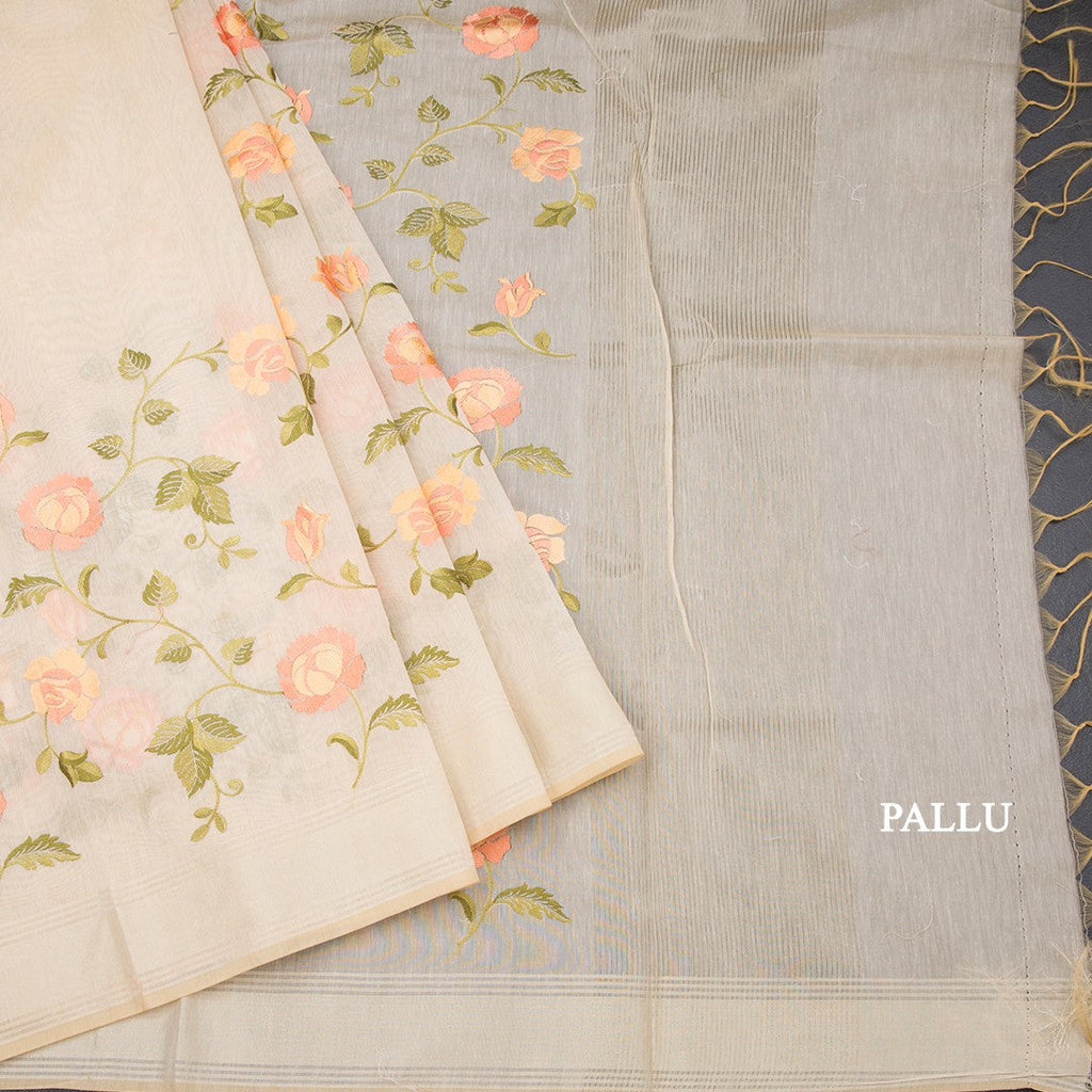 Linen Sandal Floral Embroidered Saree And Zari Border 02