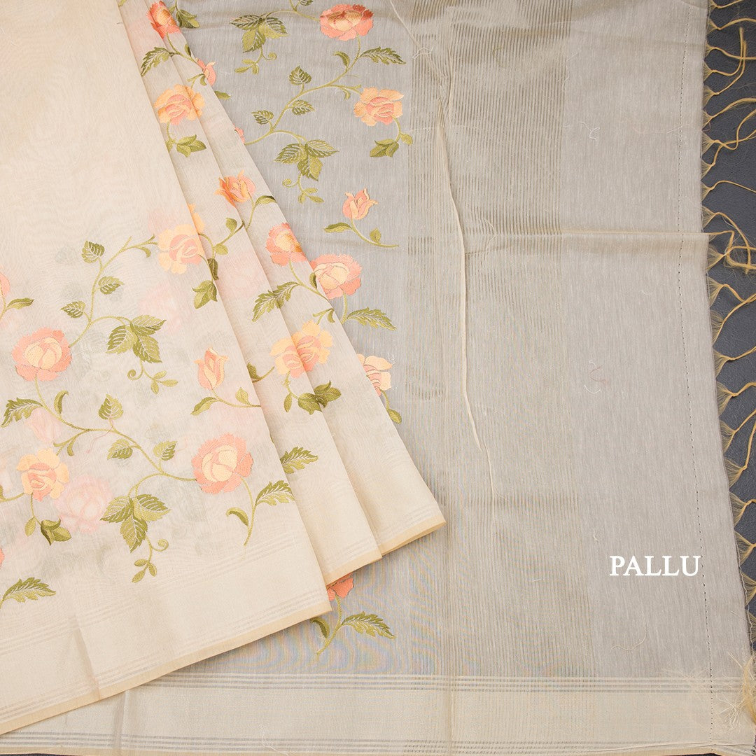Linen Sandal Floral Embroidered Saree And Zari Border 02