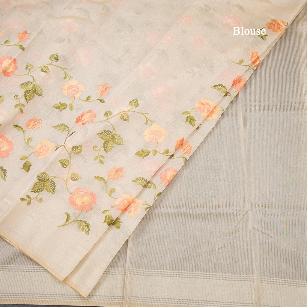 Linen Sandal Floral Embroidered Saree And Zari Border 02