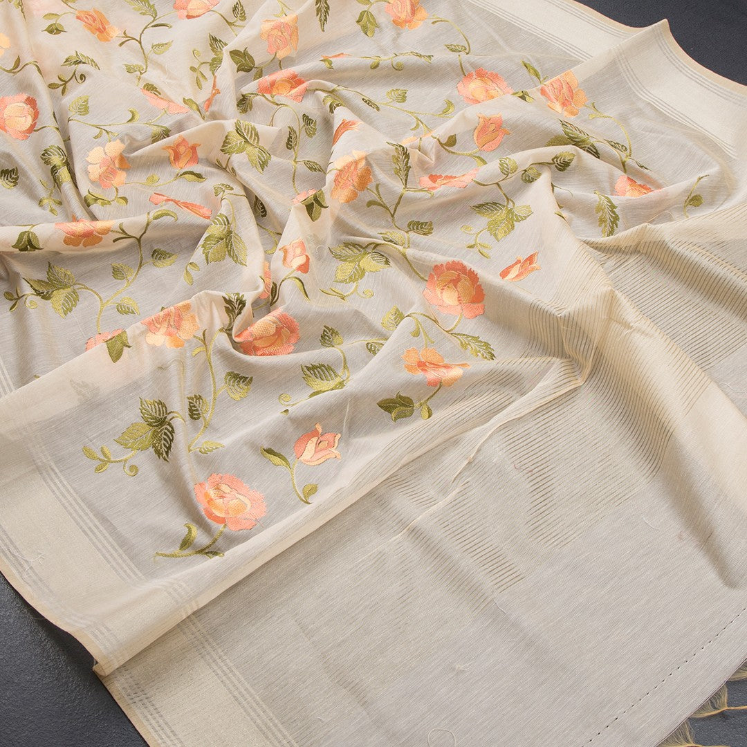 Linen Sandal Floral Embroidered Saree And Zari Border 02 - Kumaran Silks