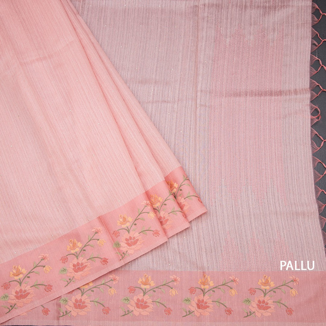 Tussar Peach Saree With Stone Buttas And Thread Border