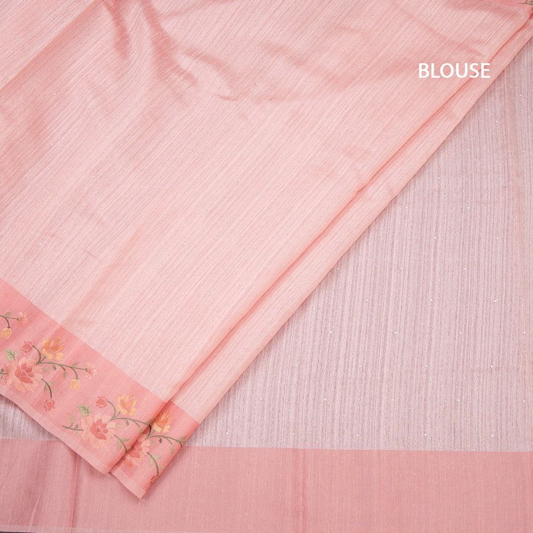 Tussar Peach Saree With Stone Buttas And Thread Border