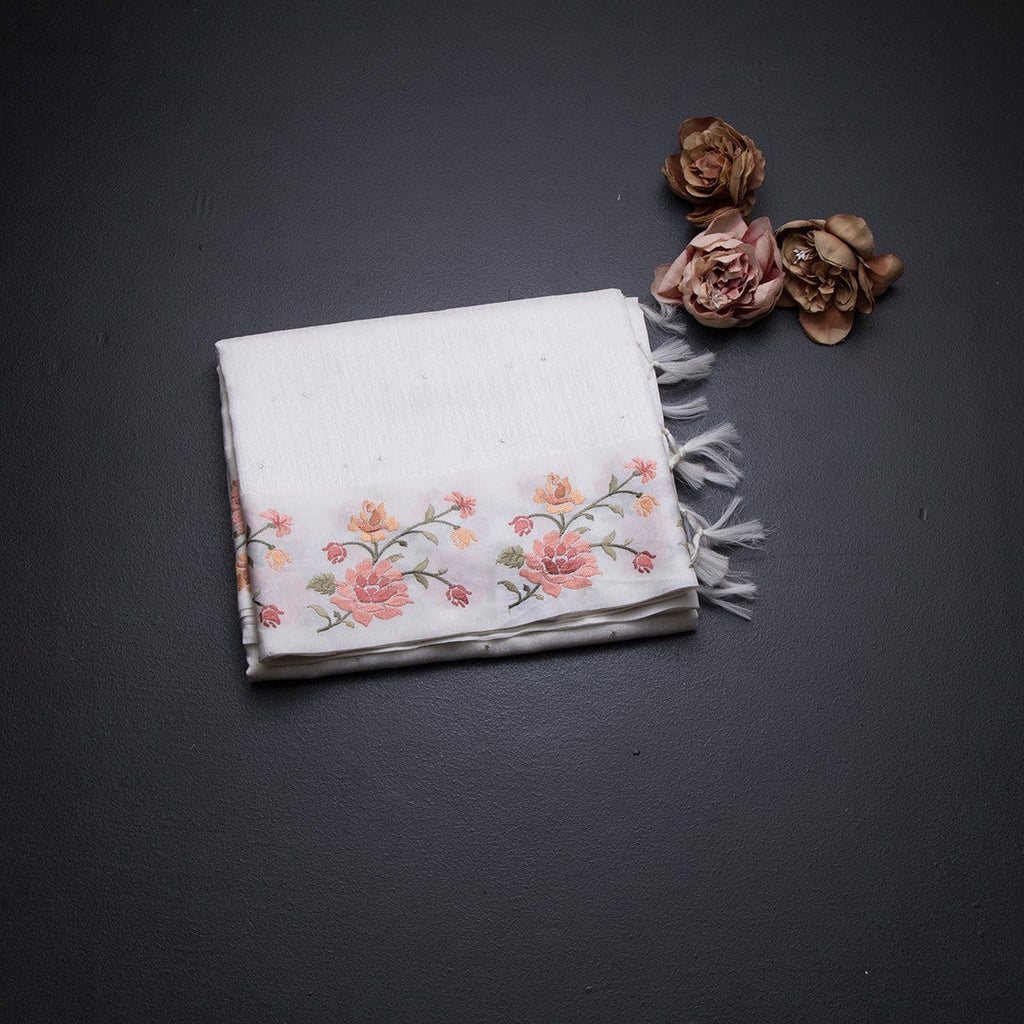 Tussar White Saree With Stone Buttas And Thread Border