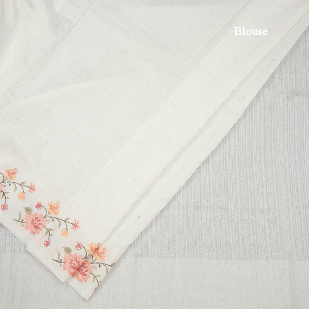 Tussar White Saree With Stone Buttas And Thread Border