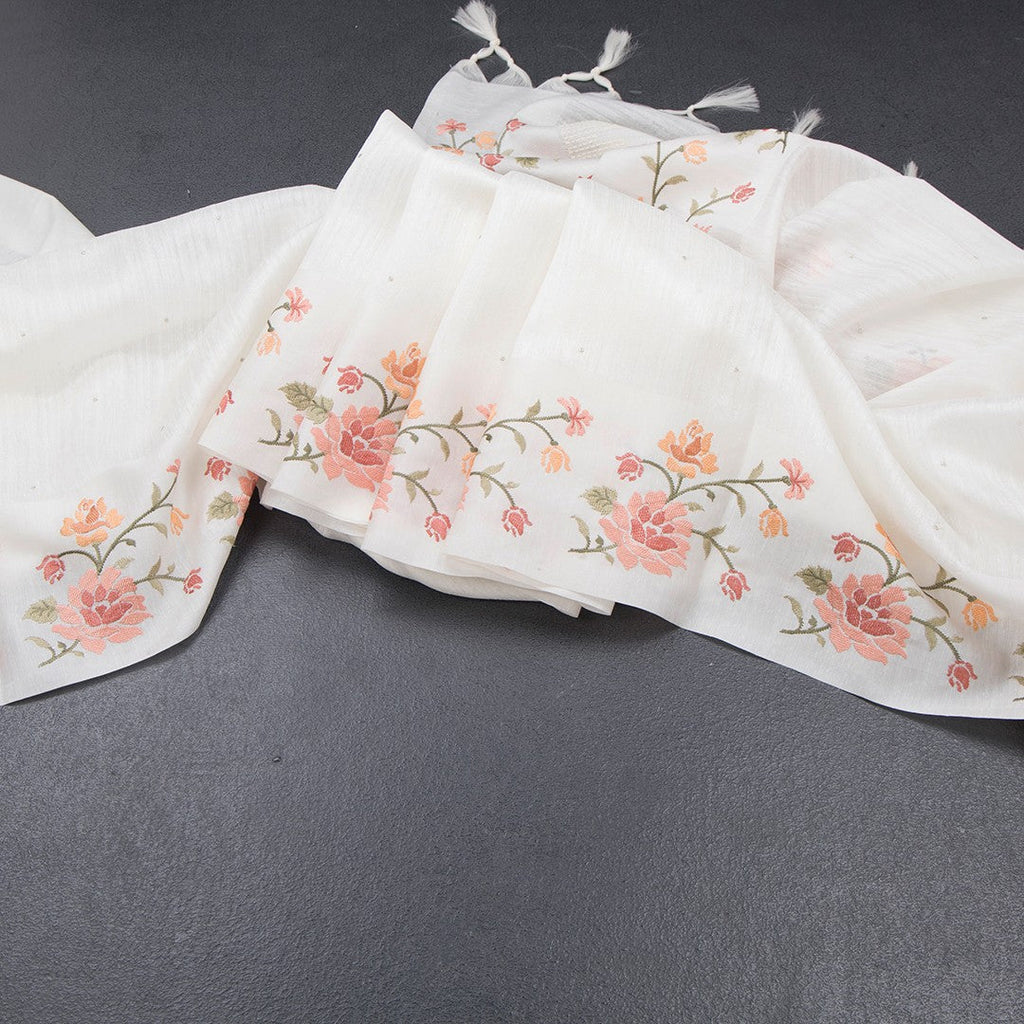 Tussar White Saree With Stone Buttas And Thread Border