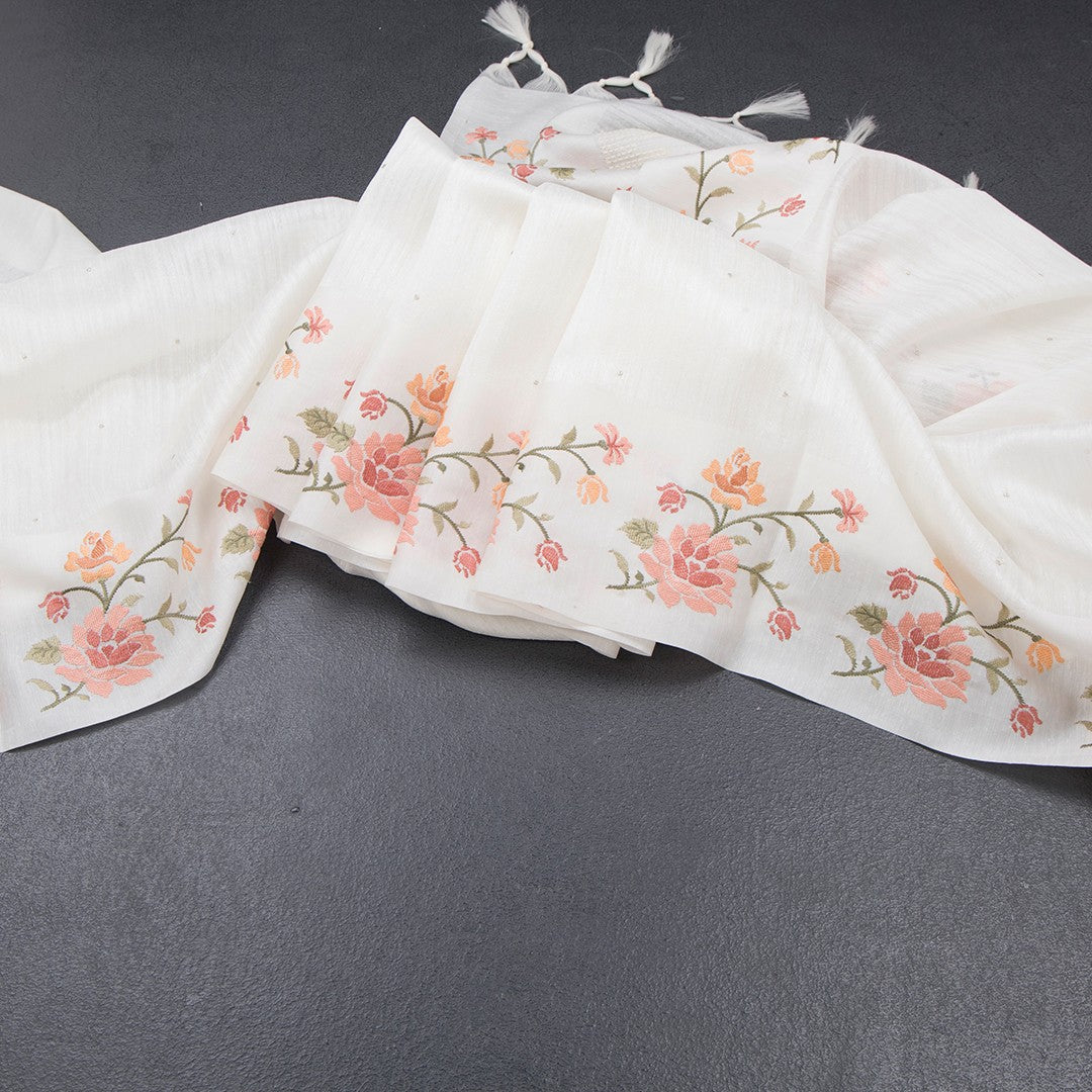 Tussar White Saree With Stone Buttas And Thread Border