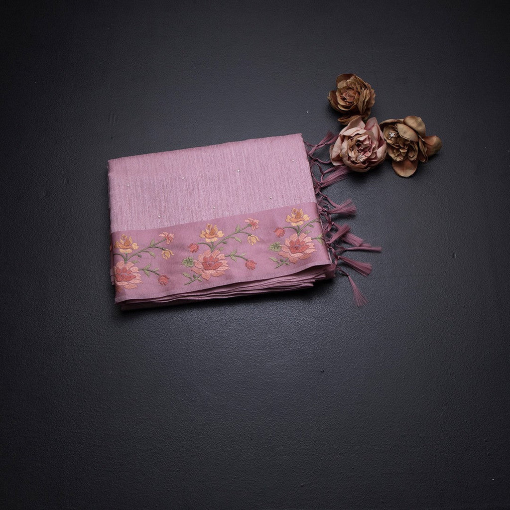 Tussar Onion Pink Saree With Stone Buttas And Thread Border