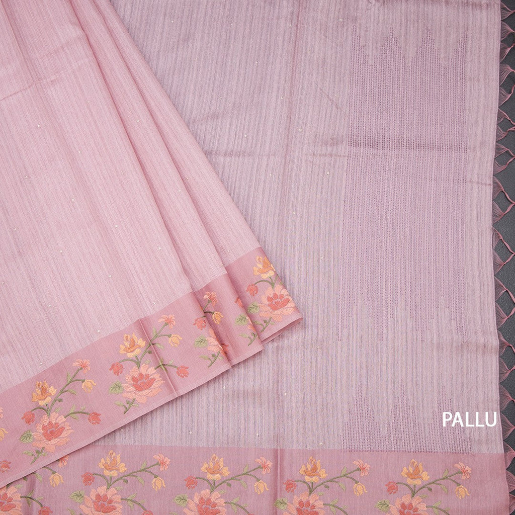 Tussar Onion Pink Saree With Stone Buttas And Thread Border