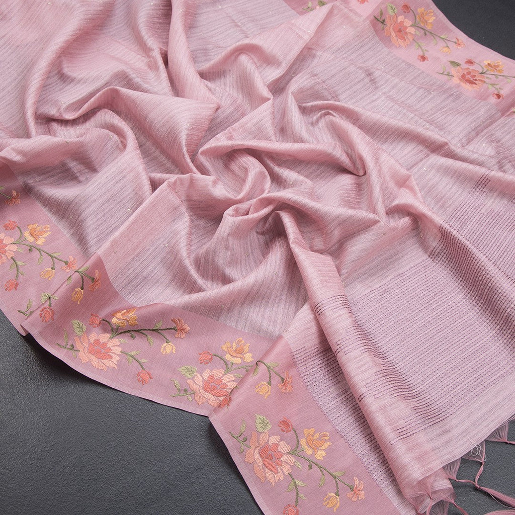Tussar Onion Pink Saree With Stone Buttas And Thread Border - Kumaran Silks