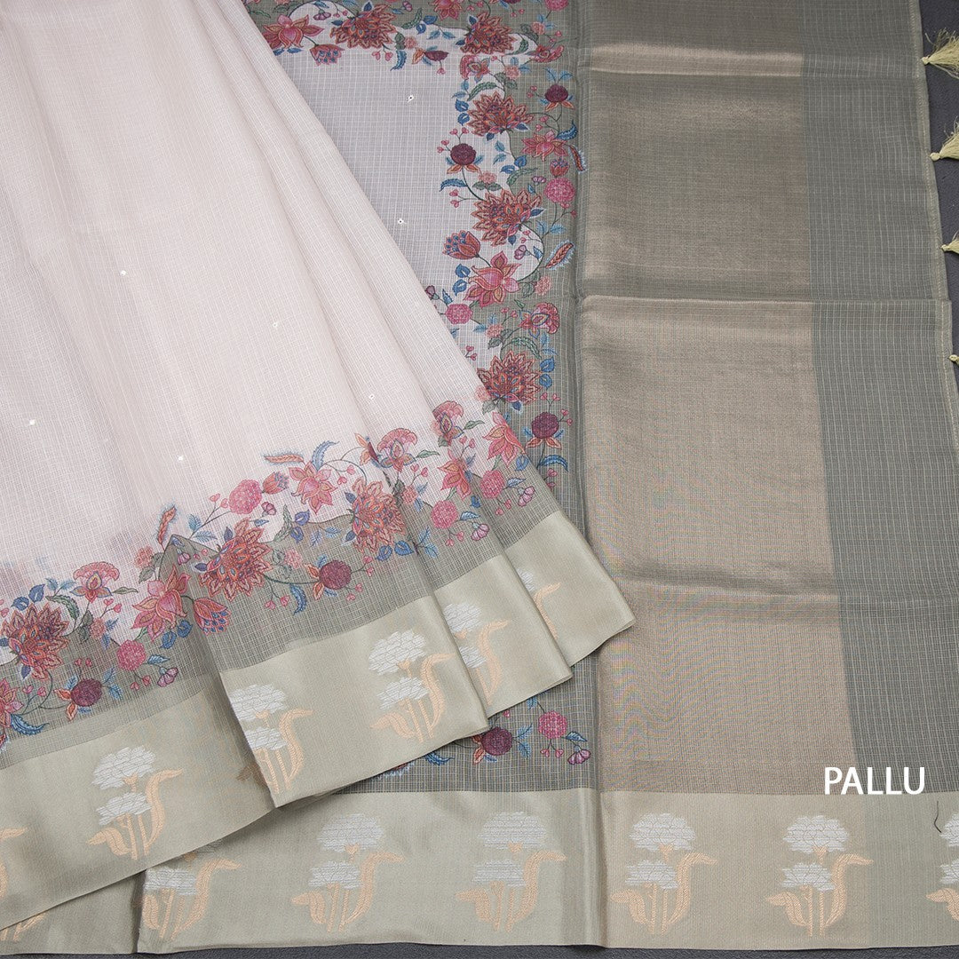 Kota Cream Saree With Mirror Buttas On The body And Zari Border