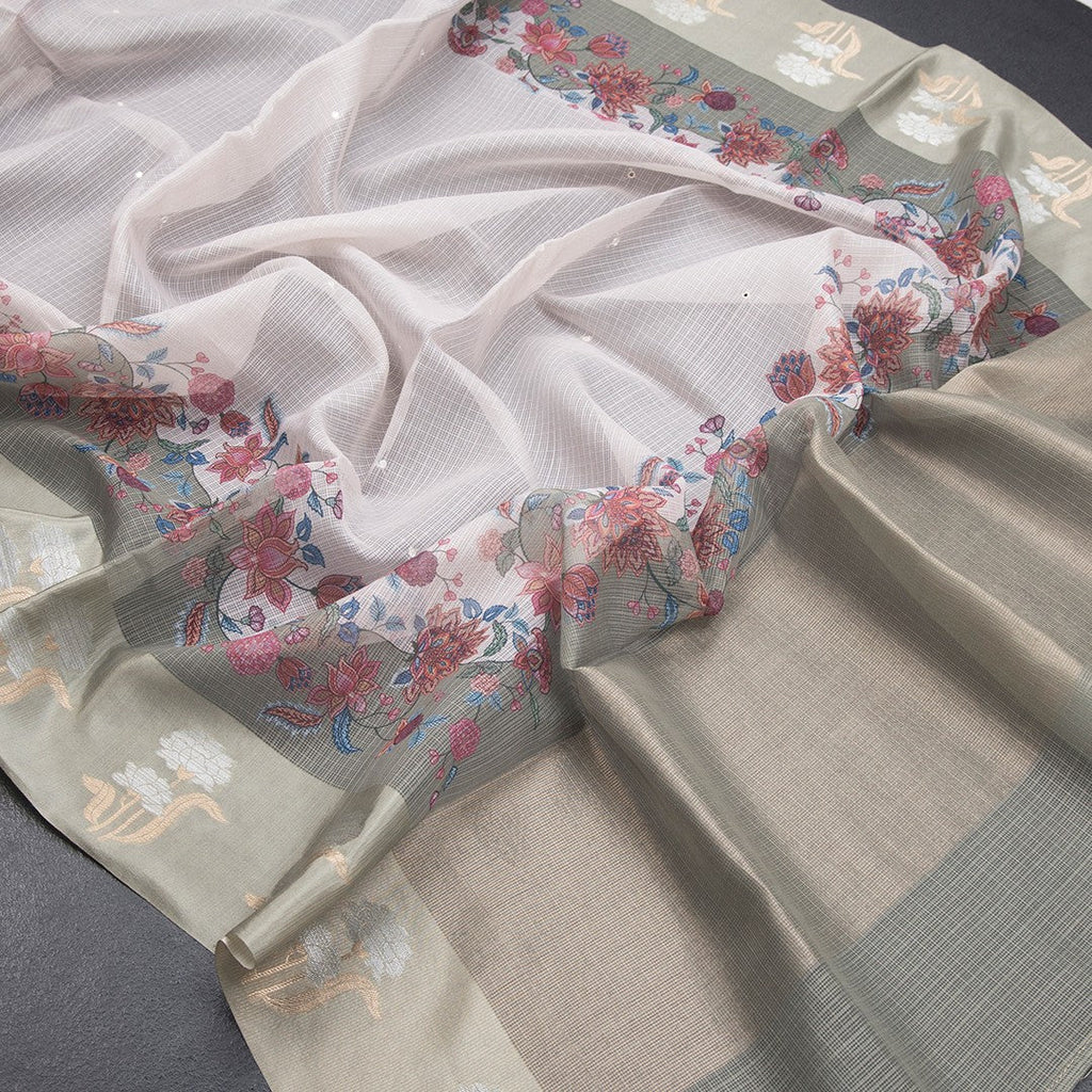 Kota Cream Saree With Mirror Buttas On The body And Zari Border - Kumaran Silks