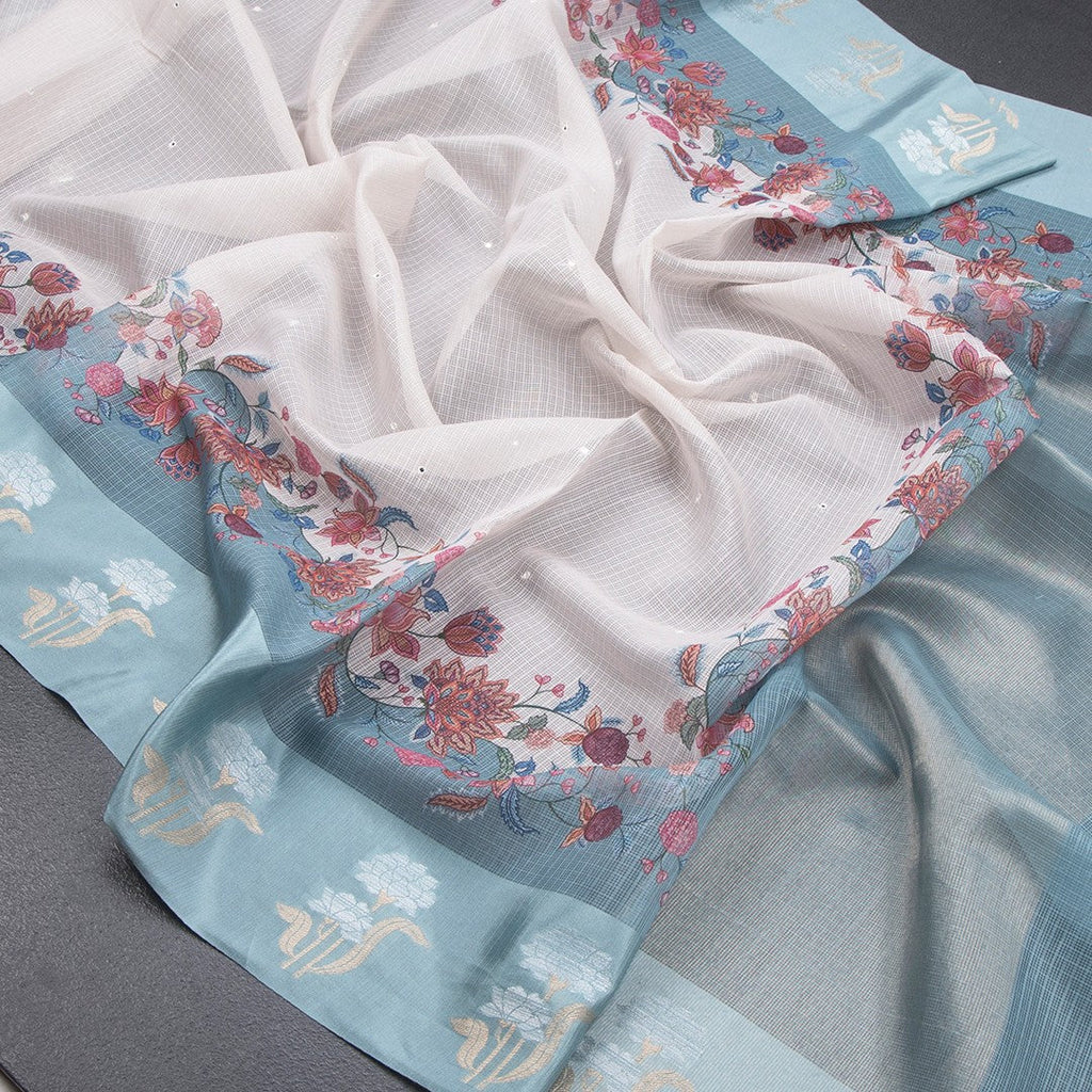 Kota Cream Saree With Mirror Buttas On The body And Zari Border 02 - Kumaran Silks